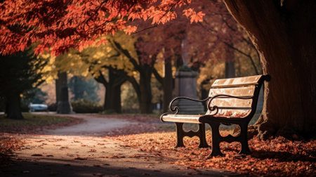 A parkbench at the park during autumn - Generative AIの素材