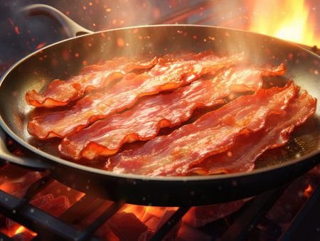 Raw Bacon in a frying pan, close-up shot - Generative AIの素材