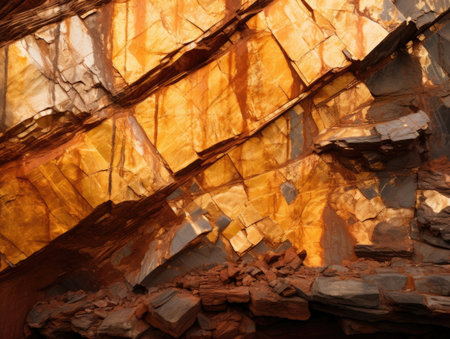 Visible veins of gold at the rocky walls of an old mine shaft - Generative AIの素材