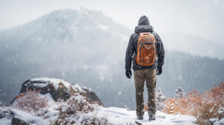 Male hiker, full body, view from behind, standing in a snow storm - Generative AIの素材