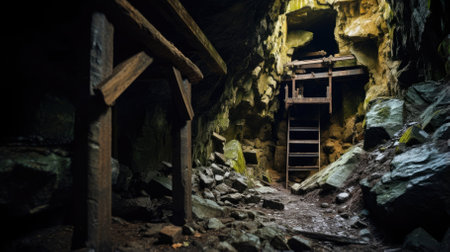 An old, abandoned mine shaft with wooden support - Generative AIの素材