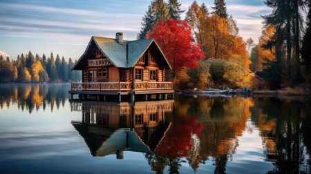 A wooden house at a lake - Generative AIの素材