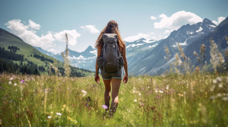 Female hiker, full body, view from behind, standing in a meadow with wildfolwers - Generative AIの素材