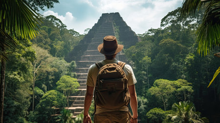 Male hiker, full body, view from behind, standing in front of a big pyramid in the middle of the jungle - Generative AIの素材