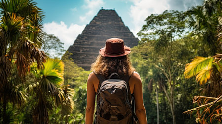 Female hiker, full body, view from behind, standing in front of a big pyramid in the middle of the jungle - Generative AIの素材