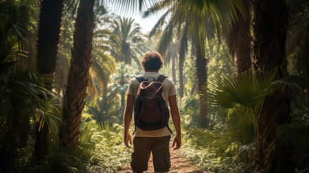 Male hiker, full body, view from behind, walking through a forest of palm trees - Generative AIの素材