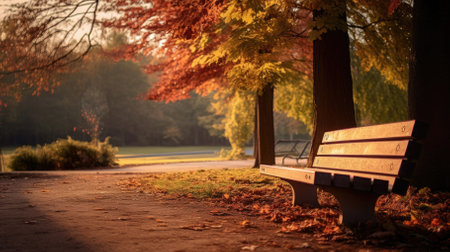 A parkbench at the park during autumn - Generative AIの素材