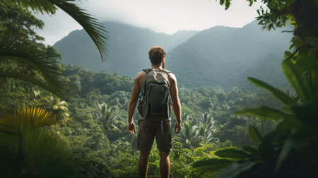 Male hiker, full body, view from behind, standing in the jungle - Generative AIの素材