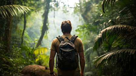 Male hiker, full body, view from behind, standing in the jungle - Generative AIの素材