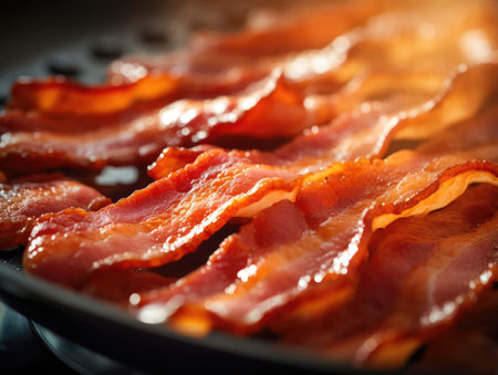 Bacon in a frying pan, close-up shot - Generative AIの素材