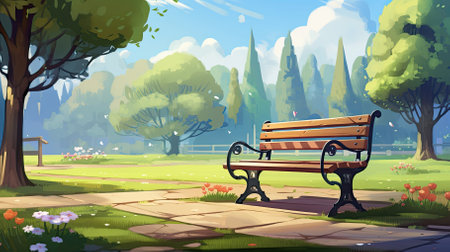 A parkbench at the park during spring - Generative AIの素材