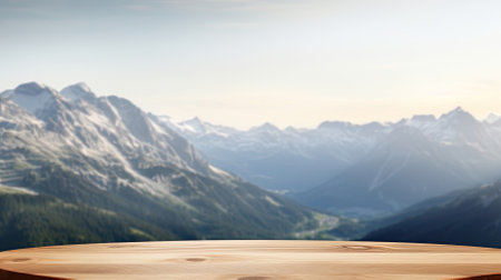 empty wooden table in modern style for product presentation with a blurred mountain landscape in the background - Generative AIの素材