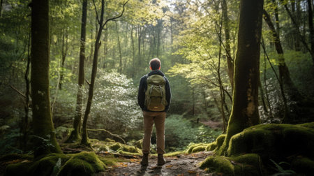 Male hiker, full body, view from behind, standing in a dense forest - Generative AIの素材