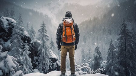 Male hiker, full body, view from behind, standing in a snow storm - Generative AIの素材