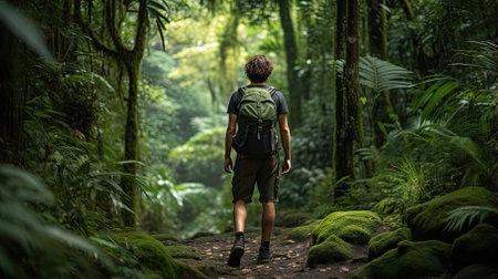 Male hiker, full body, view from behind, walking through the rainforest - Generative AIの素材