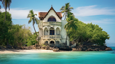 An old villa in a tropical island in the middle of the ocean - Generative AIの素材