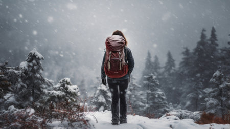 Female hiker, full body, view from behind, standing in a snow storm - Generative AIの素材