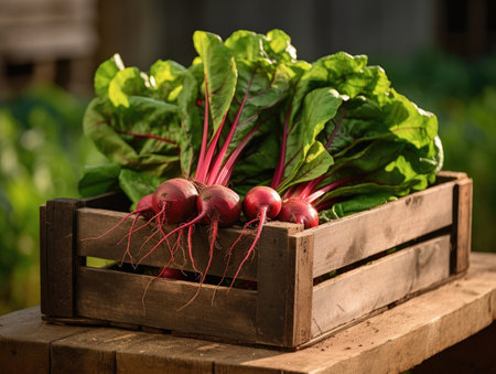 Freshly harvested Beet Red in a wooden box held by a farmer, close-up shot - Generative AIの素材