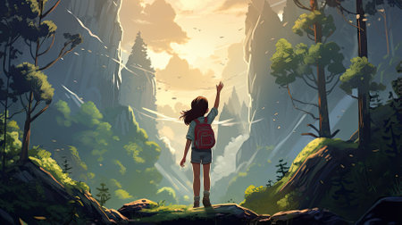 Female hiker, full body, view from behind, standing in a dense forest with raised arms, hands clenched into fist - Generative AIの素材