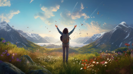 Female hiker, full body, view from behind, standing in a meadow with wildfolwers with raised arms, hands clenched into fist - Generative AIの素材