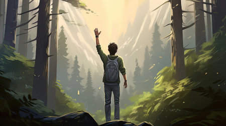 Male hiker, full body, view from behind, standing in a dense forest with raised arms, hands clenched into fist - Generative AIの素材