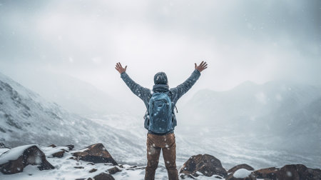 Male hiker, full body, view from behind, standing in a snow storm with raised arms, hands clenched into fist - Generative AIの素材