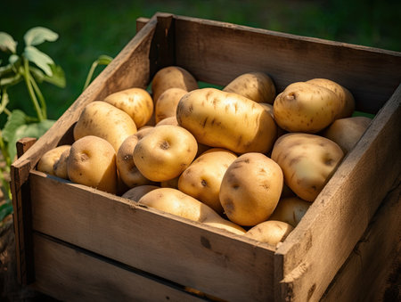 Freshly harvested potatoes in a wooden box held by a farmer, close-up shot - Generative AIの素材