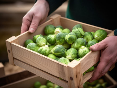 Freshly harvested Brussels Sprouts in a wooden box held by a farmer, close-up shot - Generative AIの素材
