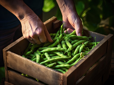 Freshly harvested beans in a wooden box held by a farmer, close-up shot - Generative AIの素材