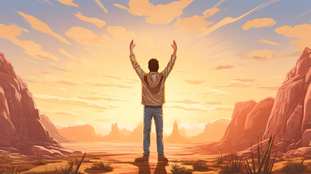 Male hiker, full body, view from behind, standing in the desert with raised arms, hands clenched into fist - Generative AIの素材