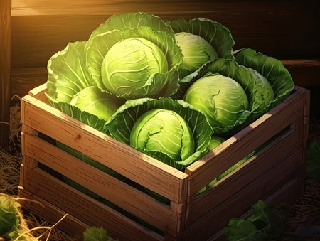 Freshly harvested Cabbage in a wooden box held by a farmer, close-up shot - Generative AIの素材