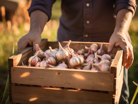 Freshly harvested Garlic in a wooden box held by a farmer, close-up shot - Generative AIの素材
