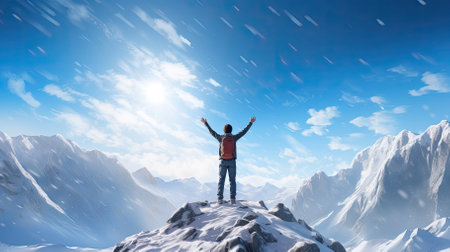 Male hiker, full body, view from behind, standing in a snow desert with raised arms, hands clenched into fist - Generative AIの素材