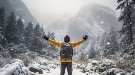 Male hiker, full body, view from behind, standing in a snow storm with raised arms, hands clenched into fist - Generative AIの素材