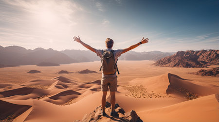 Male hiker, full body, view from behind, standing on a dune in the middle of the desert with raised arms, hands clenched into fist - Generative AIの素材