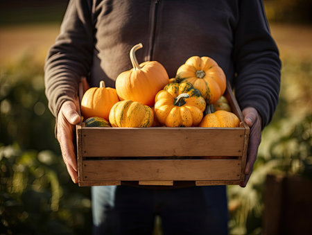 Freshly harvested Pumpkin in a wooden box held by a farmer, close-up shot - Generative AIの素材