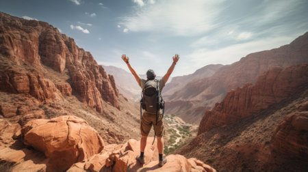 Male hiker, full body, view from behind, standing in a canyon with raised arms, hands clenched into fist - Generative AIの素材