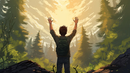 Male hiker, full body, view from behind, standing in a coniferous forest with raised arms, hands clenched into fist - Generative AIの素材