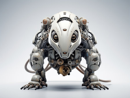A frightening futuristic killer cyborg mouse full body view isolated on white - Generative AIの素材