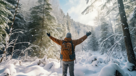 Male hiker, full body, view from behind, standing in a snowy forest with raised arms, hands clenched into fist - Generative AIの素材