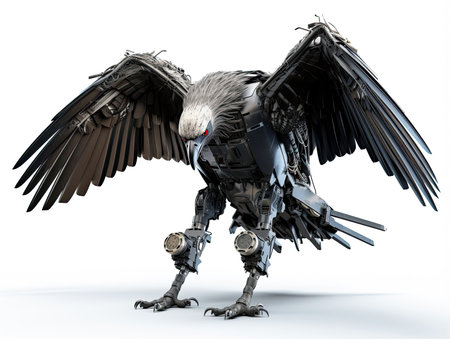 A frightening futuristic killer cyborg vulture full body view isolated on white - Generative AIの素材