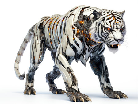 A frightening futuristic killer cyborg tiger full body view isolated on white - Generative AIの素材