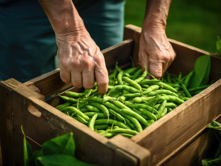 Freshly harvested beans in a wooden box held by a farmer, close-up shot - Generative AIの素材