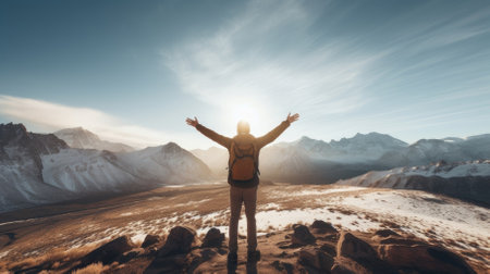 Male hiker, full body, view from behind, standing in a snow desert with raised arms, hands clenched into fist - Generative AIの素材