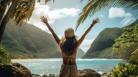 Female hiker, full body, view from behind, standing at a tropical beach with raised arms, hands clenched into fist - Generative AIの素材