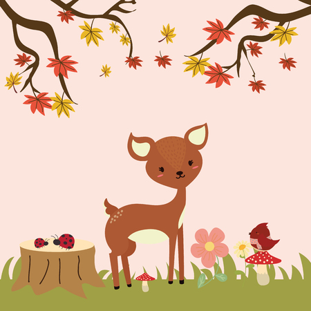 Autumn forest in vector with cute deerのイラスト素材