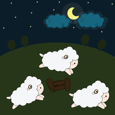 Cute sheep in night farmのイラスト素材