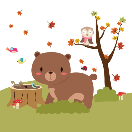 Autumn forest in vector with cute bearのイラスト素材