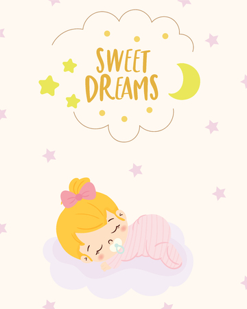 sweet dream card with cute baby girl sleep vector illustration.のイラスト素材