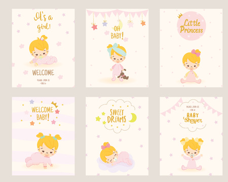 cute girl for baby shower invitation card design templateのイラスト素材